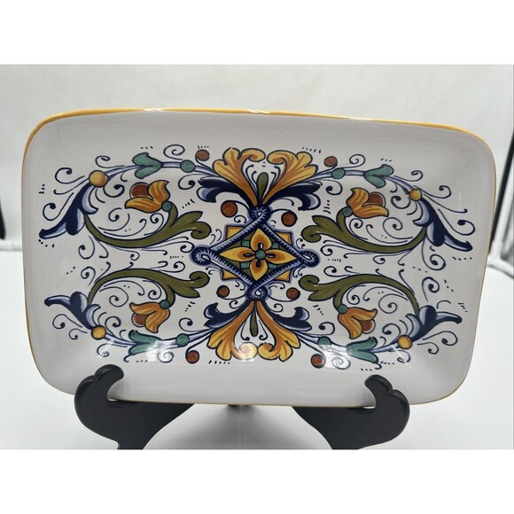 Italy Nova Deruta Rectangular Platter White With Blue Yellow & Green 10" x 6.5" - Picture 1 of 5
